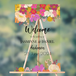 Señal Acrílica Bienvenida Boda Floral en el Jardín Brillante y Co