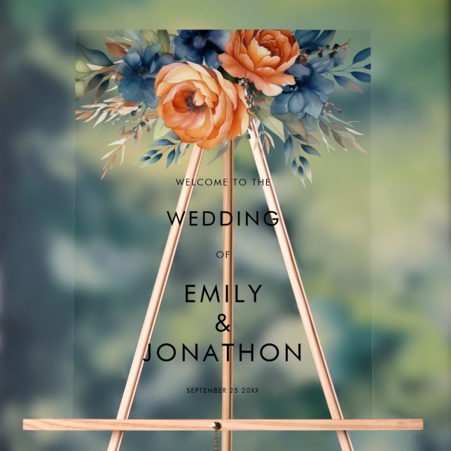 Señal Acrílica Bienvenida boda flores naranja quemada Navy (Neutral )