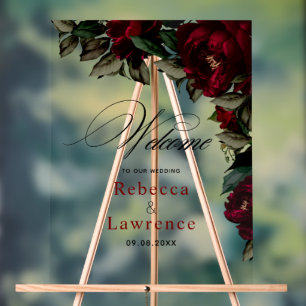 Señal Acrílica Bienvenida boda gótico oscuro rojo verde floral ve