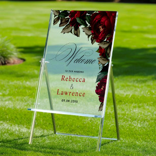 Señal Acrílica Bienvenida boda gótico oscuro rojo verde floral ve