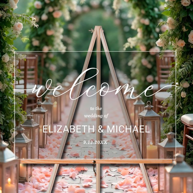 Señal Acrílica Bienvenida Boda minimalista (Minimalist wedding welcome acrylic sign with chic white lettering)