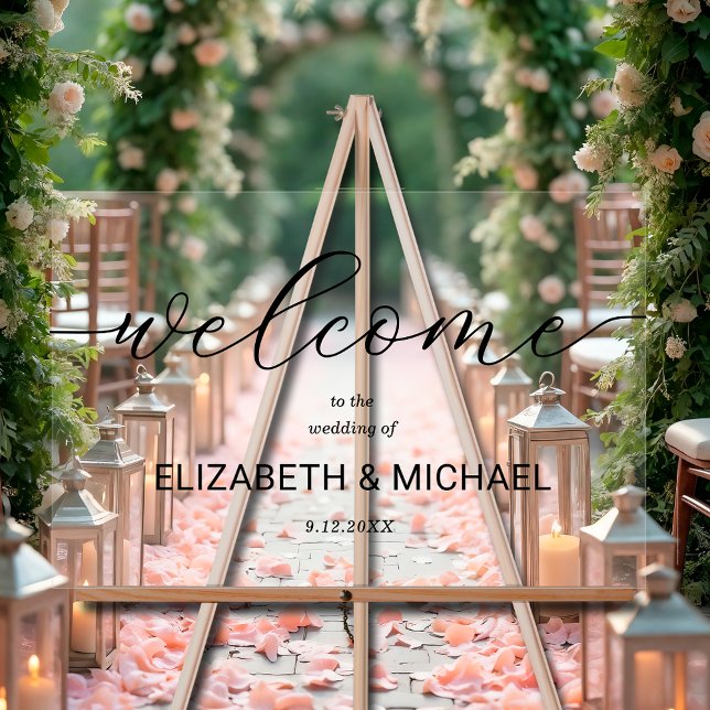 Señal Acrílica Bienvenida Boda minimalista (Minimalist wedding welcome acrylic sign with chic black lettering)