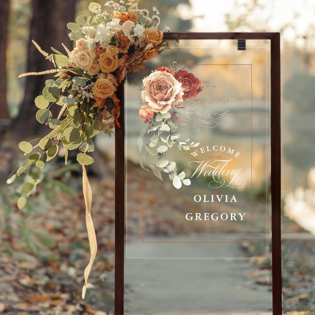 Señal Acrílica Bienvenida Boda Terracotta Floral Boho (Terracotta Flowers Wedding Transparent Acrylic Welcome Sign)