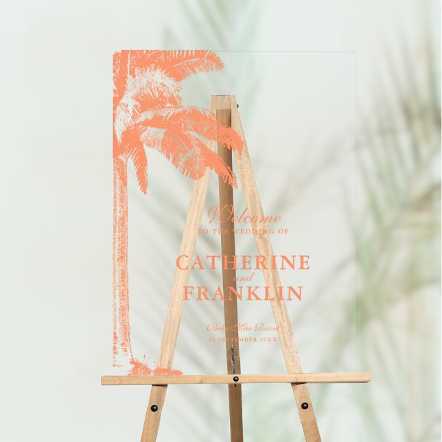 Señal Acrílica Bienvenida Boda Tropical Elegante Palm Tree (Vintage Boho Tropical Palm Photo Clear Acrylic Wedding Welcome Sign)
