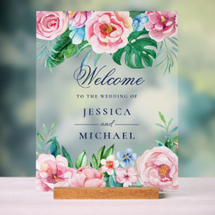 Señal Acrílica Bienvenida Boda tropical floral brillante