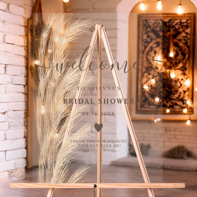 Señal Acrílica Bienvenida boho de shower nupcial con hierba de pa (Boho pampas grass watercolor welcome bridal shower acrylic sign)