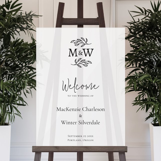 Señal Acrílica Bienvenida botánica de las Iniciales de Monograma  (Modern minimalist wedding couple monogram initial wedding welcome sign)