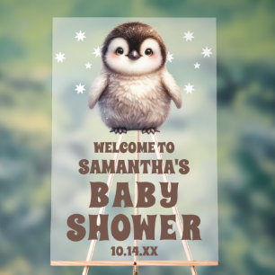 Señal Acrílica Bienvenida de Baby Shower Cute Penguin Frosted