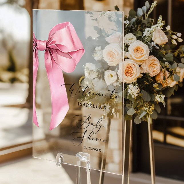 Señal Acrílica Bienvenida de Baby Shower de Bow Rosado (Subido por el creador)