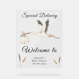 Señal Acrílica Bienvenida de Baby Shower de Watercolor Stork