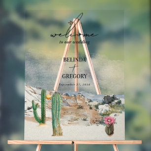 Señal Acrílica Bienvenida de boda boho de cactus del desierto acu