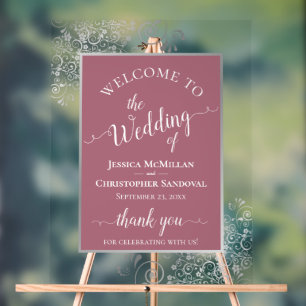 Señal Acrílica Bienvenida de boda con caligrafía plateada y rosa 