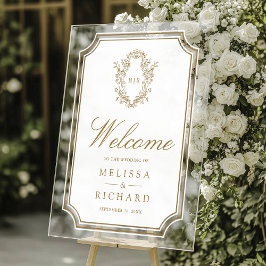 Señal Acrílica Bienvenida de boda con cresta de chinoisería en or