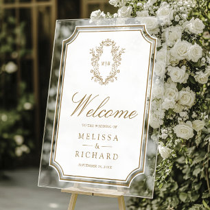 Señal Acrílica Bienvenida de boda con cresta de chinoisería en or