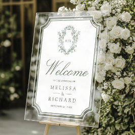 Señal Acrílica Bienvenida de Boda con Cresta de Chinoiserie Verde