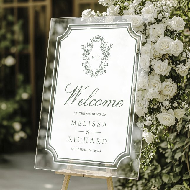 Señal Acrílica Bienvenida de Boda con Cresta de Chinoiserie Verde (Subido por el creador)