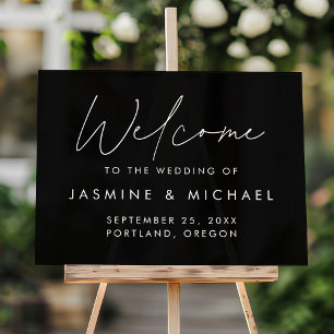 Señal Acrílica Bienvenida de Boda con Letra Moderna en Blanco y N