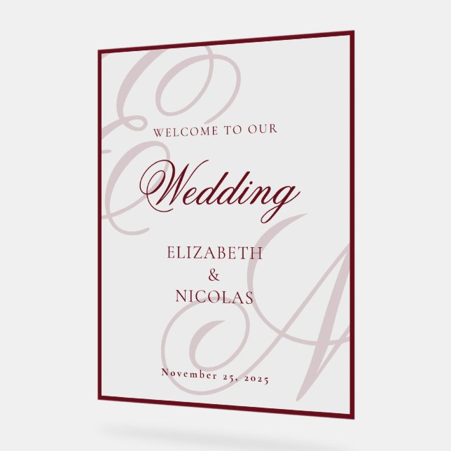 Señal Acrílica Bienvenida de boda con monograma de dinero antiguo (Ángulo)