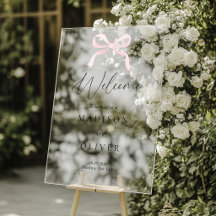 Bienvenida de boda con monograma de lazo rosa mode