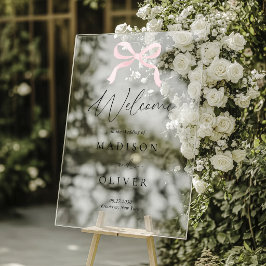 Señal Acrílica Bienvenida de boda con monograma de lazo rosa mode