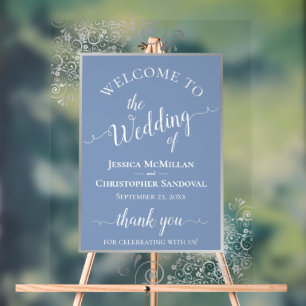 Señal Acrílica Bienvenida de boda de caligrafía azul polvoriento 