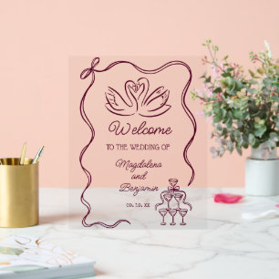 Señal Acrílica Bienvenida de Boda de Cisnes Burgundy Dibujados a