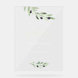 Señal Acrílica bienvenida de boda de rama de olivo