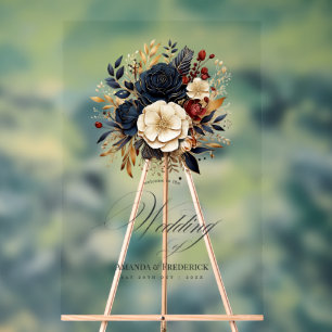 Señal Acrílica Bienvenida de boda floral dorada, azul marino y bo