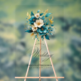Señal Acrílica Bienvenida de boda floral dorada y turquesa