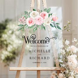 Señal Acrílica Bienvenida de Boda Floral Marfil Rosa Rubor
