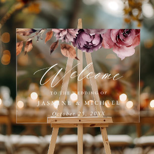Señal Acrílica Bienvenida de Boda Floral Otoñal Rústica Marsala