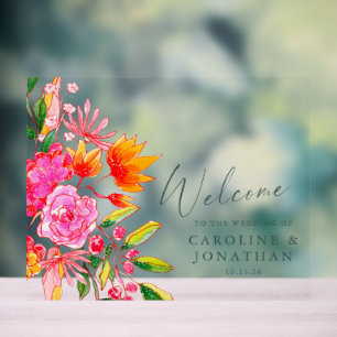 Señal Acrílica Bienvenida de Boda Floral Rosa Naranja Moderna