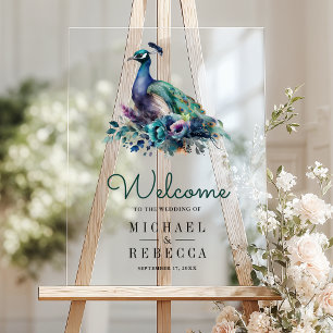 Señal Acrílica Bienvenida de boda floral verde esmeralda del pavo