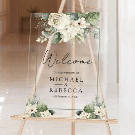 Señal Acrílica Bienvenida de boda floral verde salvia rosa marfil
