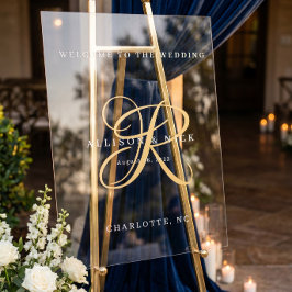Señal Acrílica Bienvenida de Boda Minimalista Dorada con Monogram