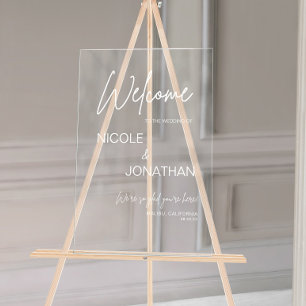 Señal Acrílica Bienvenida de Boda Moderna Texto Blanco