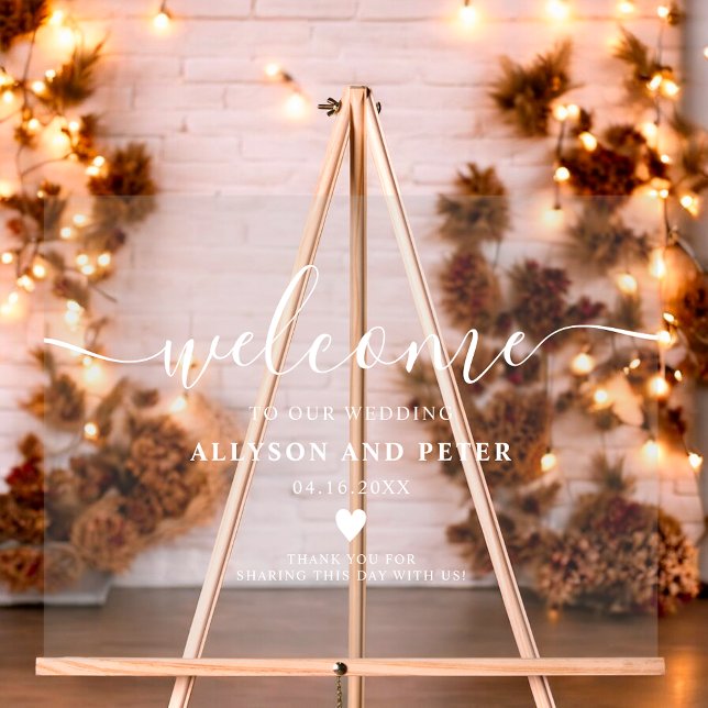 Señal Acrílica Bienvenida de boda moderna y elegante con escritur (Simple modern elegant white script wedding welcome acrylic sign)
