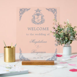 Señal Acrílica Bienvenida de Boda Monograma Cresta Azul Polvorien