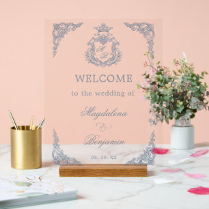 Señal Acrílica Bienvenida de Boda Monograma Cresta Azul Polvorien