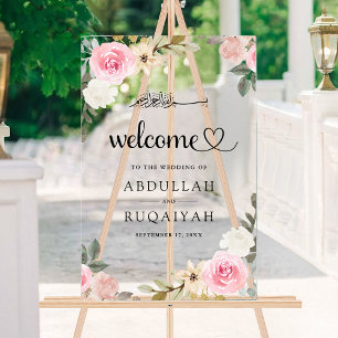 Señal Acrílica Bienvenida de Boda Musulmana con Flores Rosadas Pa