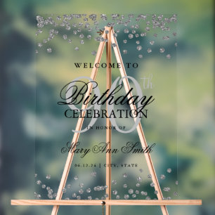 Señal Acrílica Bienvenida de cumpleaños 90 Purpurina Confetti Pla