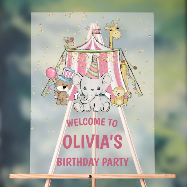 Señal Acrílica Bienvenida de cumpleaños al circo rosa (Neutral )