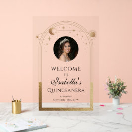 Señal Acrílica Bienvenida de cumpleaños de la Quinceañera de oro 