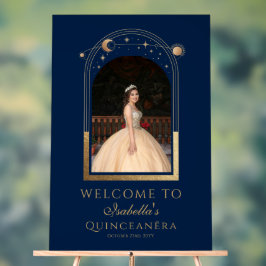 Señal Acrílica Bienvenida de cumpleaños de Quinceañera de oro azu