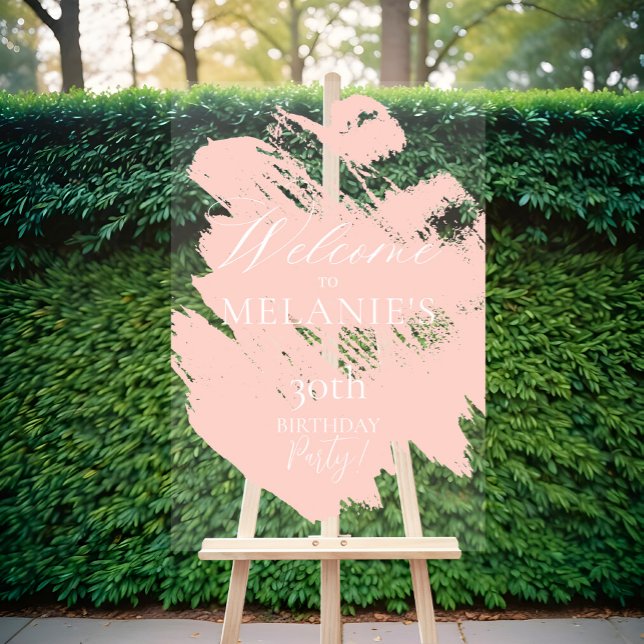 Señal Acrílica Bienvenida de cumpleaños de Rubor Pink Brush Moder (Blush Pink Brush Modern Stroke Birthday Welcome Acrylic Sign)