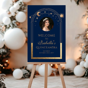Señal Acrílica Bienvenida de cumpleaños Quinceañera de oro azul c
