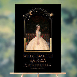 Señal Acrílica Bienvenida de cumpleaños Quinceañera de Oro Negro 