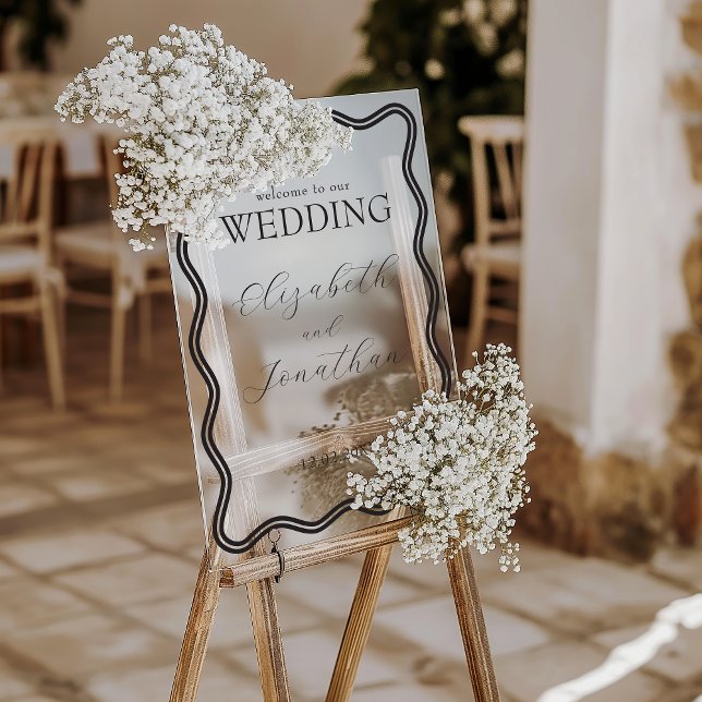 Señal Acrílica Bienvenida de la boda de marco ondulado negro (Black Wavy Frame Weddiing Welcome Acrylic Sign)