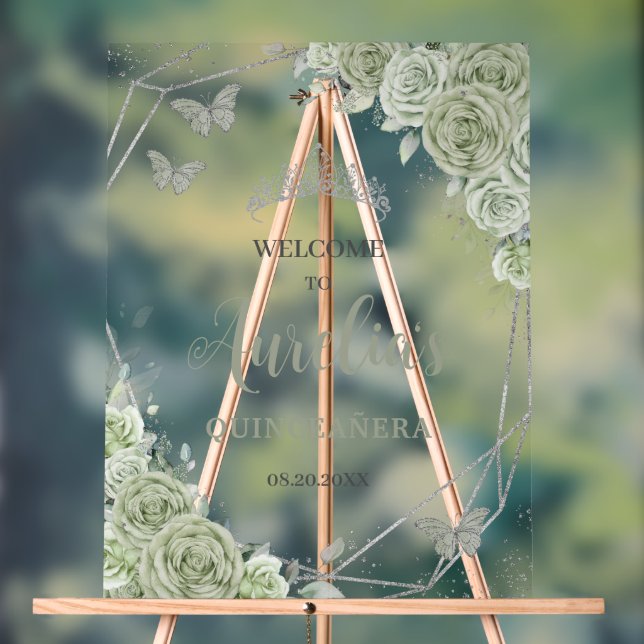 Señal Acrílica Bienvenida de la mariposa floral verde sabio Quinc (Neutral )