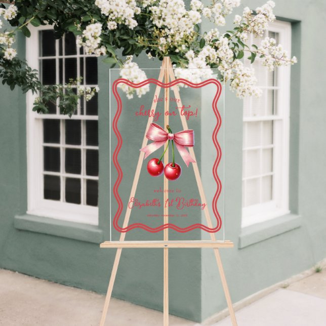 Señal Acrílica Bienvenida de primer cumpleaños de la Coquette Roj (Pink Red Coquette Cherry 1st Birthday Welcome Acrylic Sign)